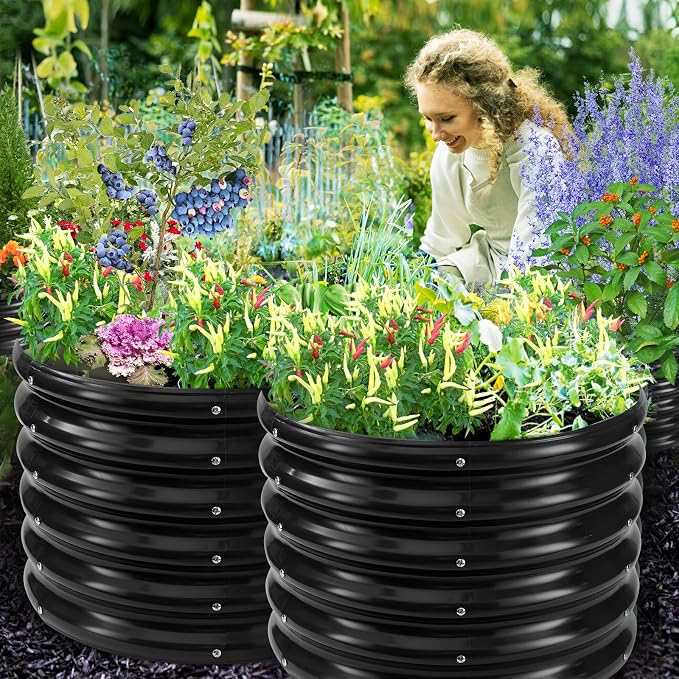 YSEJOMP 17" Tall 24" Diameter Round Raised Garden Bed Kits Outdoor Black | 1.5 FT Tall,2FT Planter Bed for Flowers,Herbs,Vegetables,Trees,0.8MM Thick Galvanized Metal Painted,with Gloves,Tool free