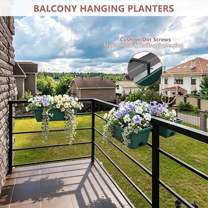 Deck Railing Planter Box Set of 2, Fence Hanging Balcony Window Boxes Planters with Adjustable Plant Hanger Bracket, 17" Railing Flower Boxes Outdoor for Porch Rail Patio Garden Décor, Green