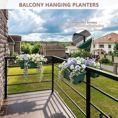 Deck Railing Planter Box Set of 2, Fence Hanging Balcony Window Boxes Planters with Adjustable Plant Hanger Bracket, 17" Railing Flower Boxes Outdoor for Porch Rail Patio Garden Décor, Green