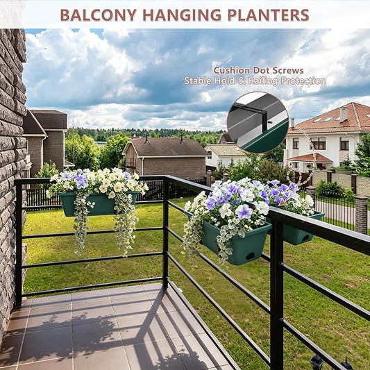 Deck Railing Planter Box Set of 2, Fence Hanging Balcony Window Boxes Planters with Adjustable Plant Hanger Bracket, 17" Railing Flower Boxes Outdoor for Porch Rail Patio Garden Décor, Green