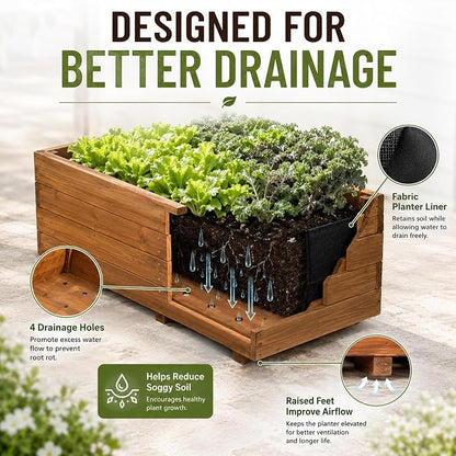 Fir Wood Raised Garden Bed Rectangular Planter for Outdoor Tomato Planter | For Herbs & Flowers Garden Includes Fabric Planter Liner, 4 Drainage Holes