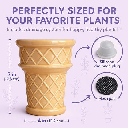 Nebula Colors Fun&Unique Ice Cream Cone Flower Planter Charming 7inch tall x 3.5inchbottomwide x 5.3inchupperwide Ceramic Vase for Indoor & Outdoor Home Decor-Quirky Retro Garden Art for Plant Lovers