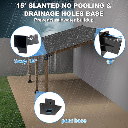 15° Angled Pergola Kit 4x4(Inner 3.64x3.64), 2PC 3-Way Slanted Pergola Roof Bracket, Post Base-Lean Corner Bracket Kit-DIY Gazebo Brackets-Hardware Kit for Outdoor Wood Beams Sunroom Carport Cabin