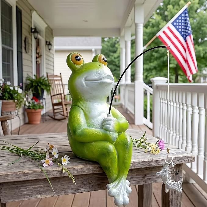 9.5" Frog Fishing Garden Sculptures & Statues, Stone Look Sculpture, Whimsical Lawn Yard Art, Funny Pond Fisherman Statue, Resin Animal Decorative Figurine, for Frog Fishing Lovers