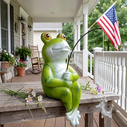 9.5" Frog Fishing Garden Sculptures & Statues, Stone Look Sculpture, Whimsical Lawn Yard Art, Funny Pond Fisherman Statue, Resin Animal Decorative Figurine, for Frog Fishing Lovers