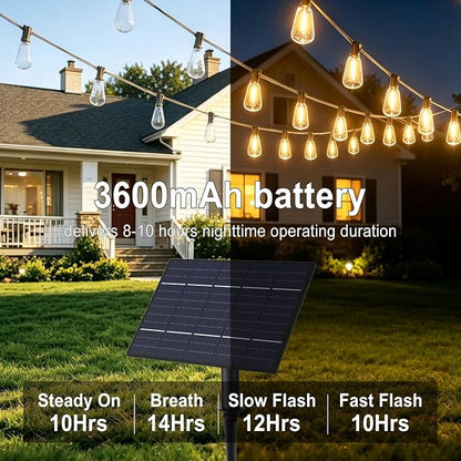 Achin 50FT Solar String Lights Outdoor with 32 LED Bulbs 1.5FT Bulbs Spacing,Patio String Lights Whith Remote, IP65 Waterproof, 3600mAm Battery (50FT 32Bulbs)
