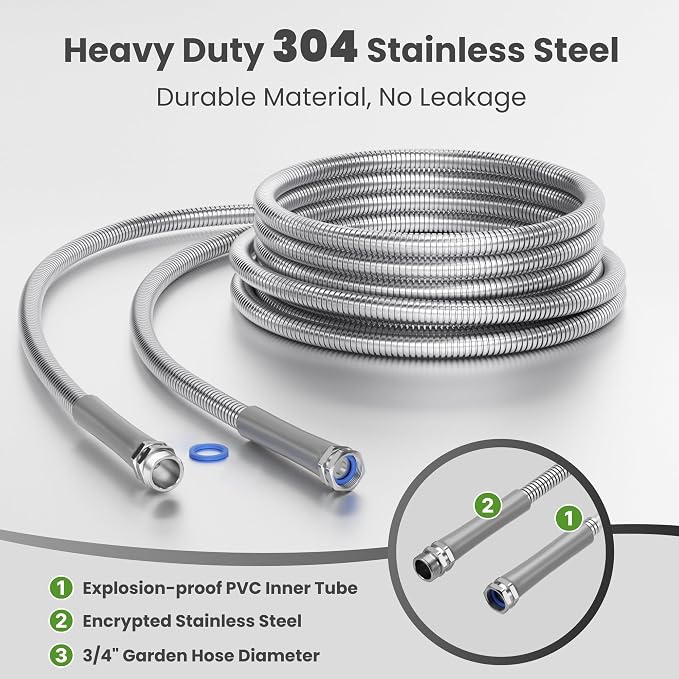 Giraffe Tools Garden Hose 50ft x 3/4", 304 Stainless Steel Metal Water Hose, No Kink Garden Water Hose with 9 Pattern Spray Nozzle, Flexible, Lightweight, Kink Free Hose for Yard, Outdoor