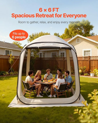 VEVOR Screen House Tent 6x6FT Pop-Up Screen Tent for 4–6 Person, Portable Screen Room Gazebo with Netting, Carry Bag & Ground Stakes, Instant Screen Canopy for Patio Backyard Garden Camping
