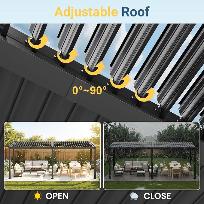 12' x 20' Louvered Pergola, Aluminum Frame Outdoor Pergola with Adjustable Louvered Roof & Integrated Gutter System, Outdoor Hardtop Patio Gazebo for Patio, Backyard, Deck, Garden, Dark Gray