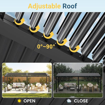 12' x 20' Louvered Pergola, Aluminum Frame Outdoor Pergola with Adjustable Louvered Roof & Integrated Gutter System, Outdoor Hardtop Patio Gazebo for Patio, Backyard, Deck, Garden, Dark Gray