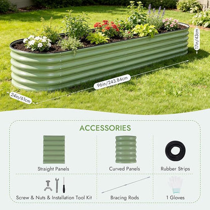 INNO STAGE Galvanized Raised Garden Bed Kits, 8x2x1.4FT Metal Raised Garden Beds Outdoor, 17'' Tall Large Steel Raised Planter Bed for Vegetables & Flowers Patio Ground Planter Box (Olive Green, 2Pcs)