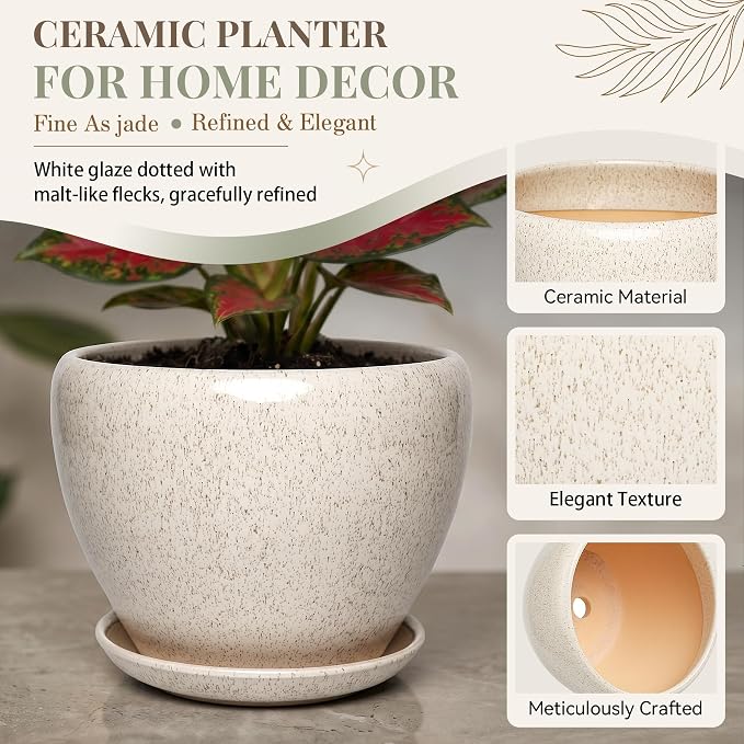 9.5 Inch Ceramic Plant Pot with Drainage Hole Mesh Net,Modern Gardening Pots for Indoor Plants with Saucer, Silk White