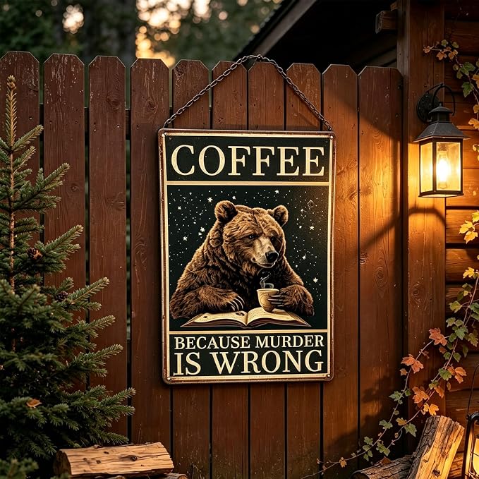 Metal Signs Coffee Because Murder Is Wrong Bear Vintage Tin Sign for Home Office Kitchen Bar Cafe Garden Wall Decor 12x8 Inch