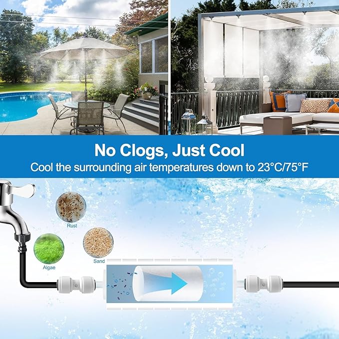 POCKET PANDA Pre-Assembled Misters for Outside Patio,Outdoor Misting Cooling System w Filter,30FT|9M.Backyard Mist Kit for Garden,Greenhouse,Deck,Umbrella,Canopy,Pool,Porch,Trampoline,ParkBBQ Party