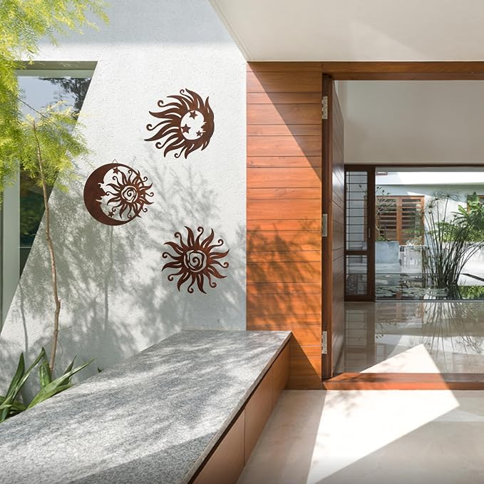 VividLadybug Set of 3 Rust Colored Sun Moon Metal Wall Art, Rust Proof Indoor Outdoor Farmhouse Patio Bedroom Decor