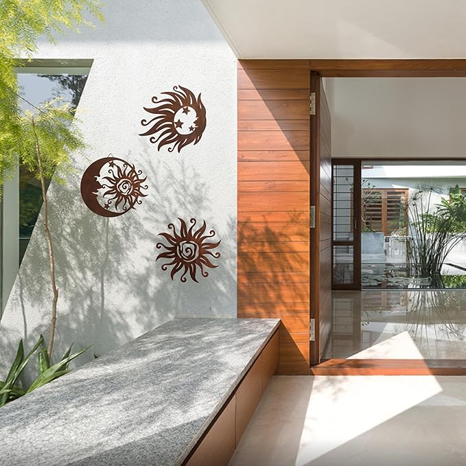 Limygus Set of 3 Rust Colored Sun Moon Metal Wall Art, Rust Proof Indoor Outdoor Farmhouse Patio Bedroom Decor