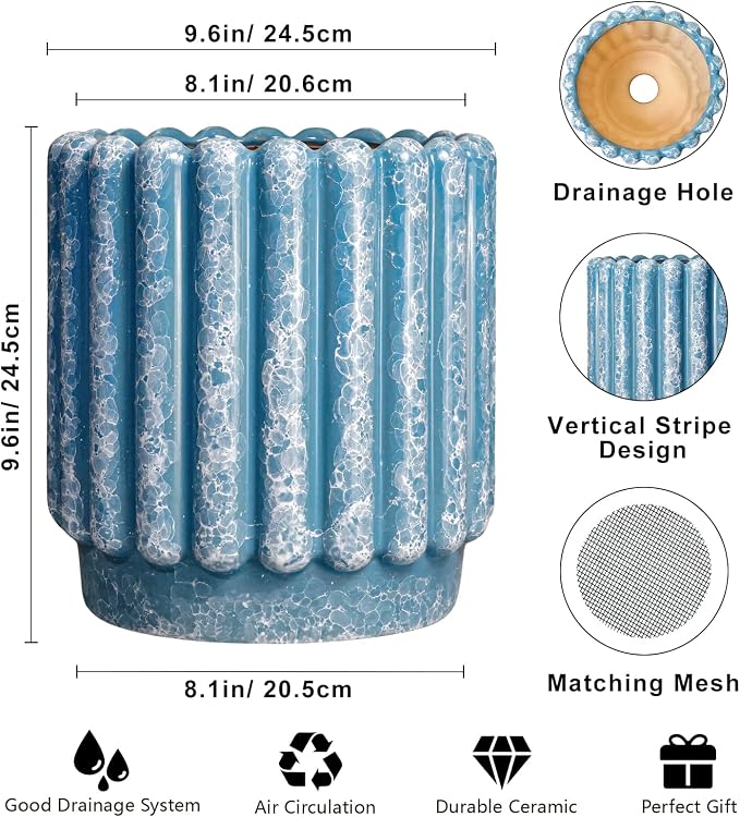 Ceramicfor Ceramic Planter, 9.6 Inch, Blue | Drainage Hole, Fluted Decorative Round, Indoor & Outdoor Plants, Front Door Decor, Housewarming Gifts