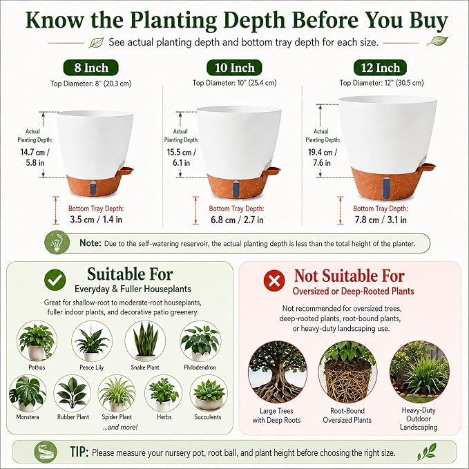 8/10/12 Inch Self Watering Pots for Indoor/Outdoor Plants - Large Plastic Planter with Drainage Holes, Water Level Indicator & Deep Reservoir, Modern Decorative Flower Pots (White)