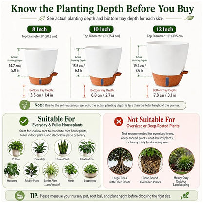 8/10/12 Inch Self Watering Pots for Indoor/Outdoor Plants - Large Plastic Planter with Drainage Holes, Water Level Indicator & Deep Reservoir, Modern Decorative Flower Pots (White)