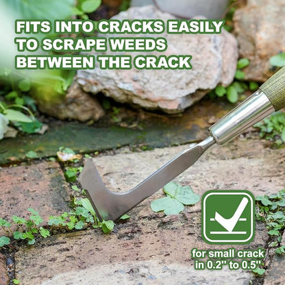 Haliaeetus Crack Weeder Tool, 17'' L-Shaped Stainless Steel Crevice Weeding Tool, Comfortable Wooden Handle Paver Weeder, Sidewalk Weed Removal Tool for Driveway, Bricked Patio and Terrace Paving Moss