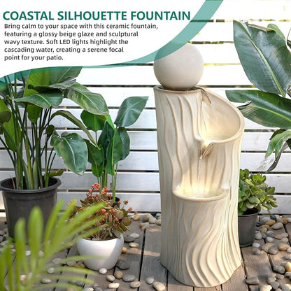 32" H Ceramic Outdoor Water Fountain with LED Lights, 3-Tier Cascading Sphere Water Feature, Tranquil Waterfall for Relaxing Garden, Patio, Yard, or Porch, Beige Glaze, Dynamic Wave-Texture