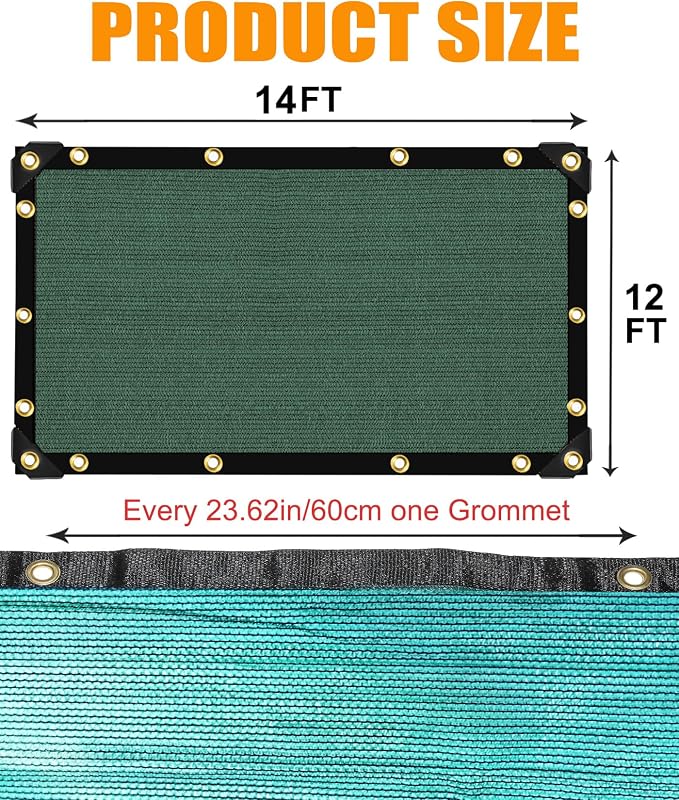 70% Green Colored Shade Cloth 12ft x 14ft Sun Shade Netting with Grommets | Breathable UV Block Balanced Shade for Garden, Plants Cover Patio, Pergola, Chicken Coop, Kennel, Vegetables, Greenhouse