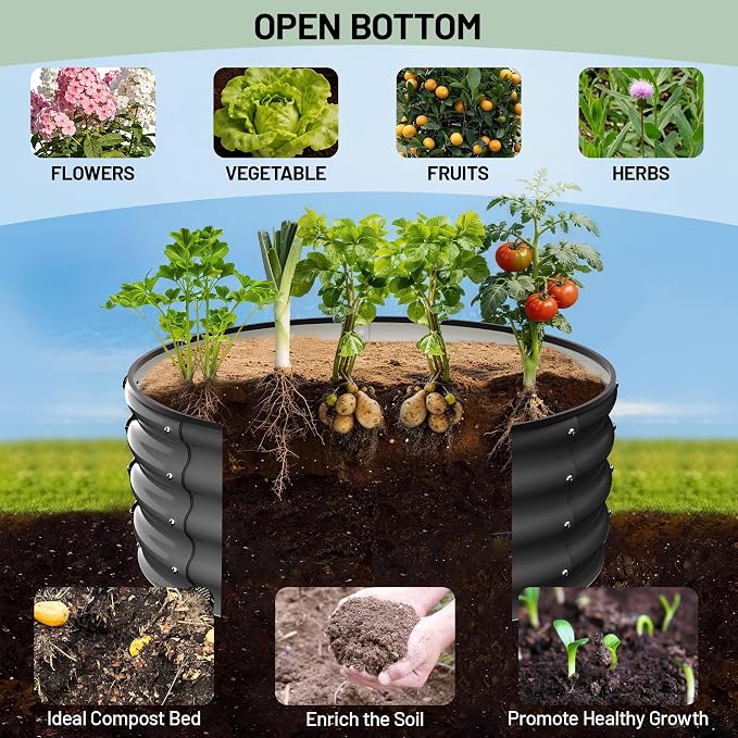Garvee Round Raised Garden Bed, Galvanized Garden Beds, Metal Planter | 2Pcs, 2x2x1 FT, with Gloves and Rubber Edge Trim, for Vegetables, Flowers and Herbs, Dark Grey