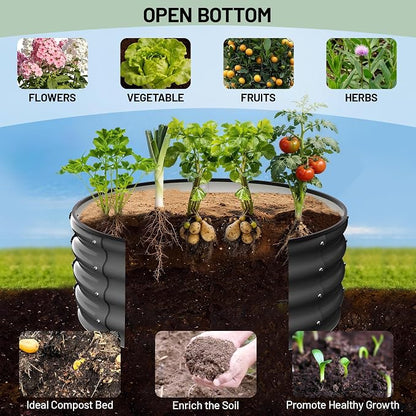 Garvee Round Raised Garden Bed, Galvanized Garden Beds, Metal Planter | 2Pcs, 2x2x1 FT, with Gloves and Rubber Edge Trim, for Vegetables, Flowers and Herbs, Dark Grey