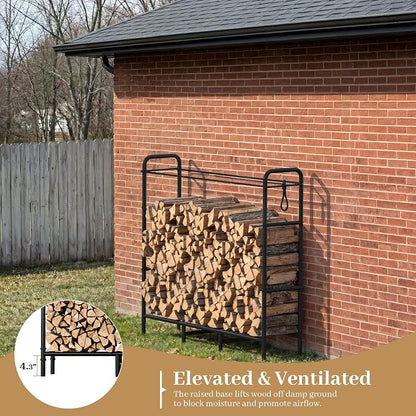 Firewood Rack 4FT Heavy Duty Metal, Outdoor Indoor Log Holder Stand for Fireplace Wood Storage, Wood Pile Stacker Organizer for Patio, Black