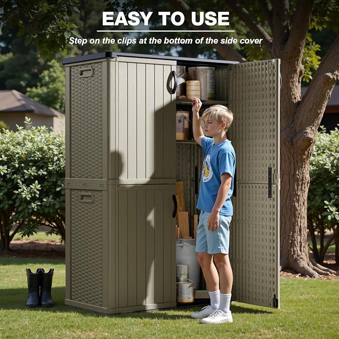 Greesum Outdoor Storage Shed Without Divider, 50 cu.ft Outdoor Waterproof Storage Cabinet for Garden Tools, Garbage Cans, Pool Storage, Beige