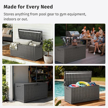 EAST OAK 120 Gallon Outdoor Storage Box | Large Resin Deck Box with Reinforced Stainless Steel Support | Waterproof & UV-Resistant Patio Storage Box for Cushions, Garden Tools & Accessories, Grey