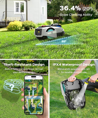 YARDCARE N1600 PRO Robot Lawn Mower, Wireless Design with RTK+Vision Navigation, 0.4 Acre Coverage, APP Smart Control Robot Lawn Mower, Multi-Zone Mowing, Curved Path, Adjustable Cutting Height