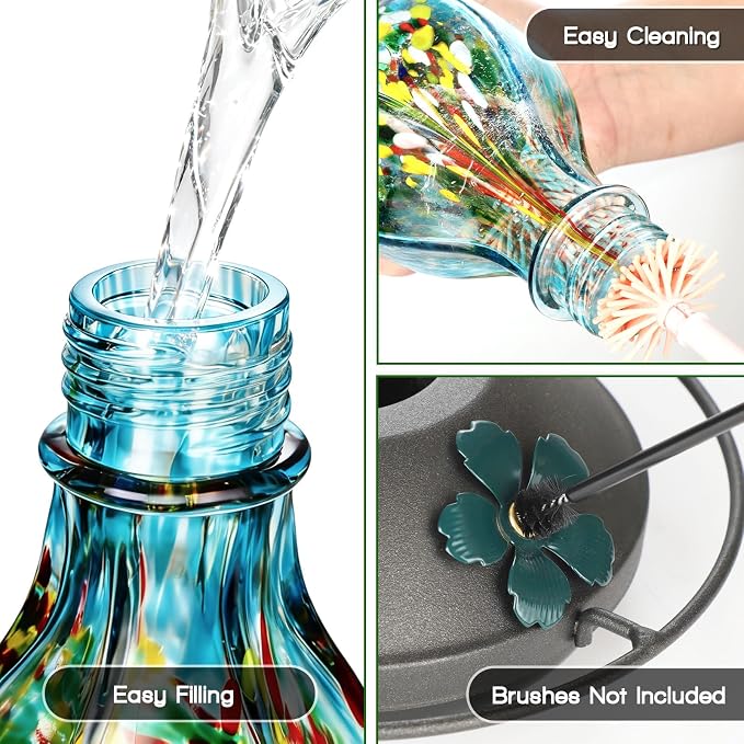 Hand Blown Glass Hummingbird Feeders for Outdoors Hanging, 24oz Wild Bird Nectar Feeder with Ant Moat and Perch, Bee-Resistant Ports, Garden Decor, Gifts for Women Mom, 1 Pack, Blue Fireworks