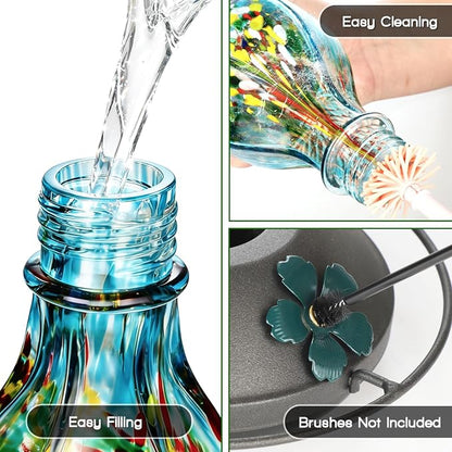 Hand Blown Glass Hummingbird Feeders for Outdoors Hanging, 24oz Wild Bird Nectar Feeder with Ant Moat and Perch, Bee-Resistant Ports, Garden Decor, Gifts for Women Mom, 1 Pack, Blue Fireworks
