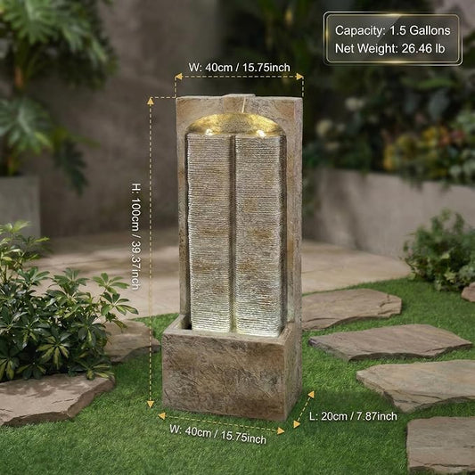 39" Outdoor Water Fountain with Pump, Outdoor Fountain with Warm White LED Lights, Modern Outdoor Cascading Freestanding Fountain, Weather-Resistant Garden Water Feature, Brown