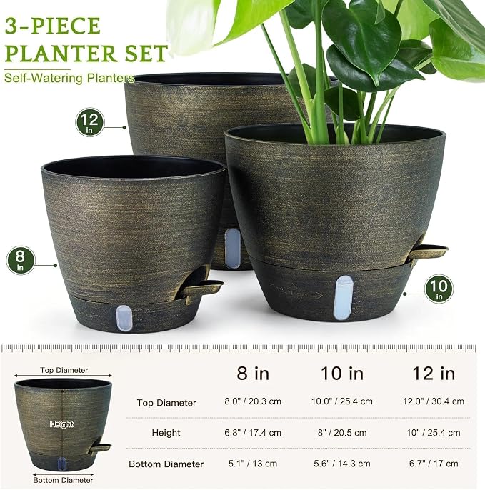 ZMTECH 12/10/8 in Self Watering Pots for Indoor/Outdoor Plants, Gold Bronze Large Plastic Planter with Water Level Indicator, Drainage Hole & Removable Saucer for Garden Flowers, Deco Plant Container