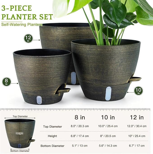 ZMTECH 12/10/8 in Self Watering Pots for Indoor/Outdoor Plants, Gold Bronze Large Plastic Planter with Water Level Indicator, Drainage Hole & Removable Saucer for Garden Flowers, Deco Plant Container