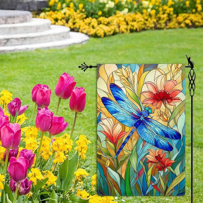 Stained Glass Style Dragonfly Garden Flag Spring Summer Garden Flag Vertical Double Sided Rustic Farmland Burlap Yard Lawn Outdoor Decor 12.5x18"