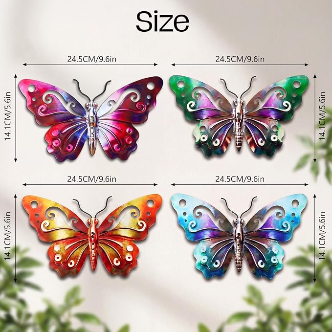 Hoikwo 4 Pack 9.6" Metal Butterfly Wall Decor, Outdoor Fence Wall Art Decor, Hanging Decoration for Garden Yard Living Room Bedroom Patio Balcony