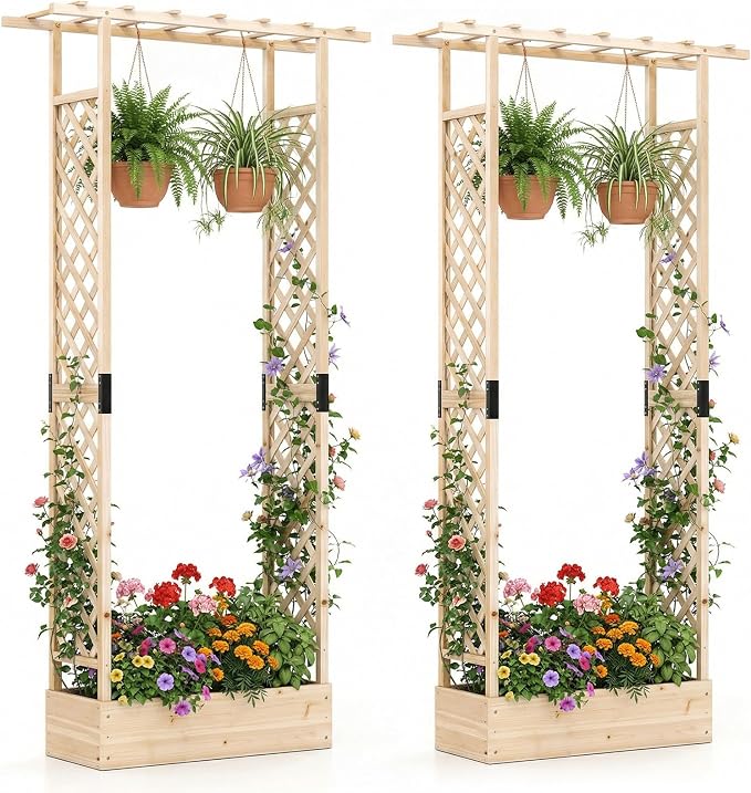 Giantex Wooden Raised Garden Bed with Trellis & Hanging Roof, 2 Pack Fir Wood Planter Box, 89” Freestanding Elevated Garden Bed for Outdoor Climbing Plants Vegetables Flowers, Patio & Balcony, Natural