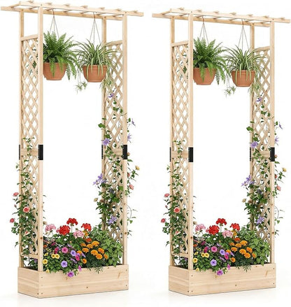 Giantex Wooden Raised Garden Bed with Trellis & Hanging Roof, 2 Pack Fir Wood Planter Box, 89” Freestanding Elevated Garden Bed for Outdoor Climbing Plants Vegetables Flowers, Patio & Balcony, Natural