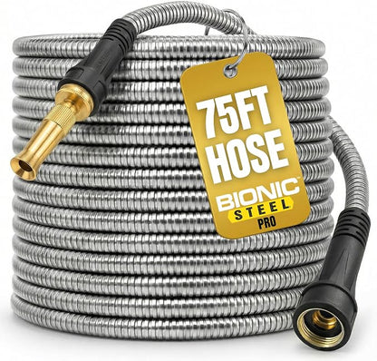 BIONIC STEEL PRO 75 Ft Metal Garden Hose with Brass Nozzle | Water Hose Made from Heavy Duty 304 Stainless Steel, Flexible, Lightweight, Brass Fittings, Non Kinking, 500 PSI
