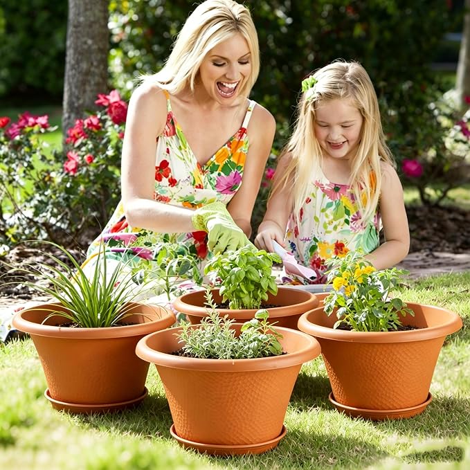 Quarut 12 Inch Pots for Plants,4 Pack Large Flower Pots with Saucer | Modern Planters for Indoor Outdoor Plants,Decorative Resin Garden Pots with Drainage Holes(Orange)