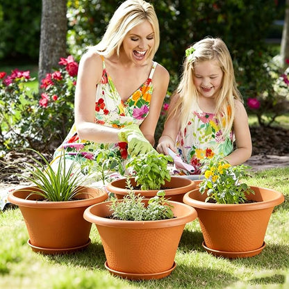 Quarut 12 Inch Pots for Plants,4 Pack Large Flower Pots with Saucer | Modern Planters for Indoor Outdoor Plants,Decorative Resin Garden Pots with Drainage Holes(Orange)