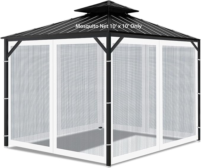 Gazebo Universal Replacement Mosquito Netting, Outdoor Mesh Netting Screen 4-Panel Sidewall with Zipper for Patio, Canopy, Garden and Backyard, Gray(Mosquito Net Only) (White, 10' x 10')