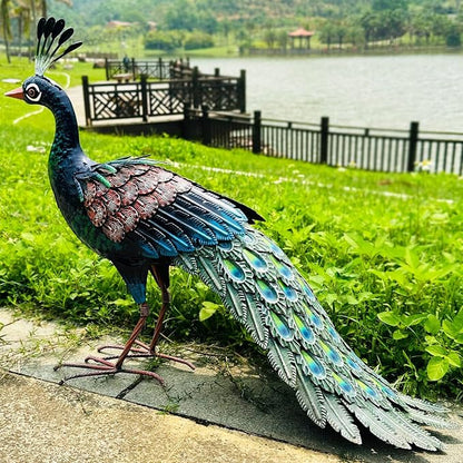 Kircust Outdoor Metal Peacock Statue, 24" L | Decor Art, Garden Sculpture, Weatherproof, Handcrafted For Patio, Yard, Home