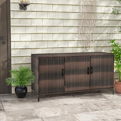 Giantex 84-Gallon Wicker Deck Box - Patio Storage Cabinet, 3-Door PE Rattan Storage Container with Removable Shelves, Indoor & Outdoor Package Box for Porch, Patio Furniture Cushions Tools (Brown)