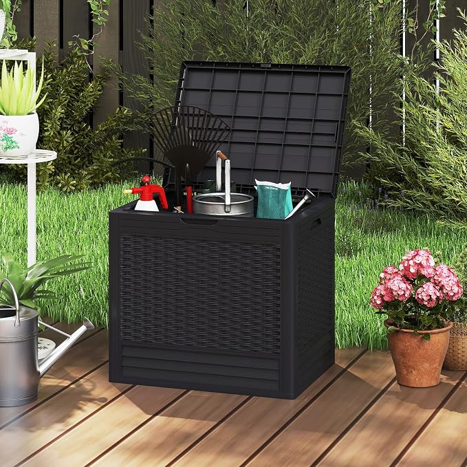 Tangkula 25 Gallon Waterproof Outdoor Storage Box with Lockable Lid | PP Resin, Wicker Patterned, Indoor Outdoor Use, Portable, Versatility, for Deck, Pool, Patio Cushions, Garden Tools