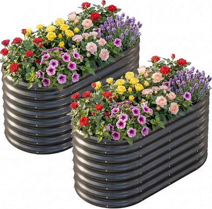 AHEONLAR 2 Pack 4×2×2ft Galvanized Raised Garden Bed Outdoor, Oval Sturdy and Durable Planter Boxes for Vegetables, Fruits, Flowers and Plants, Easy Assembly, Grey