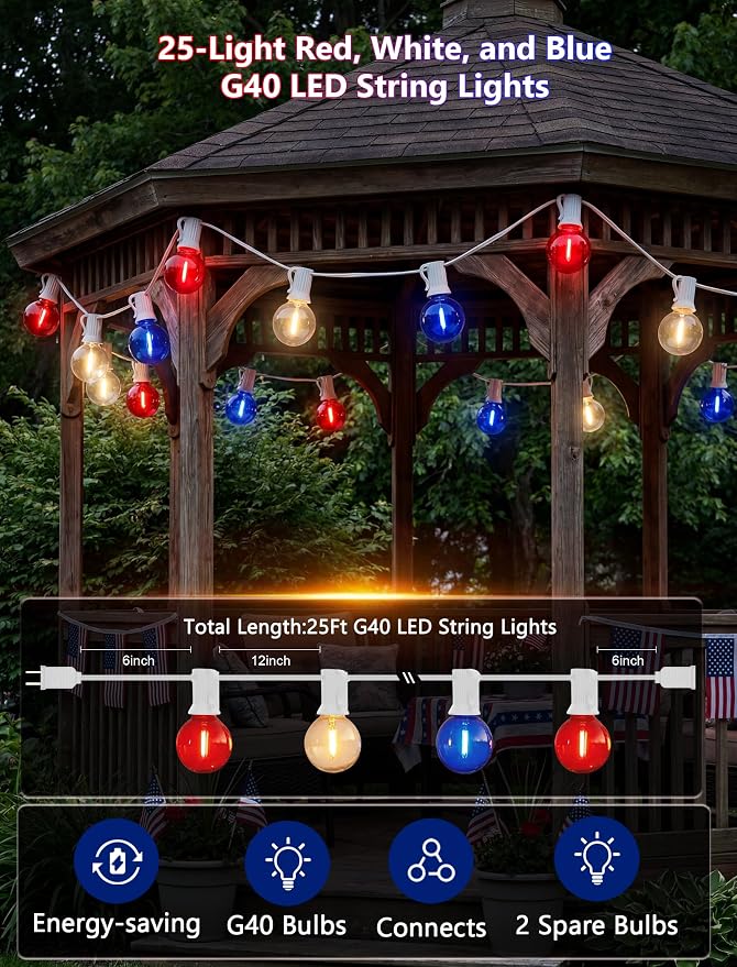 4th of July G40 LED Red White and Blue Lights, 25ft Outdoor String lights | Hanging Patio Lights with 27 Shatterproof Round Bulbs, Plug in, Connectable, Independence Day Decoration Patriotic Party